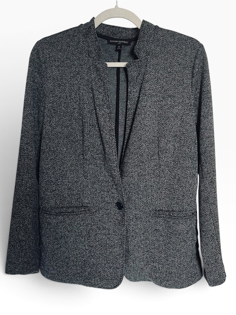 Banana Republic Blazer Chevron Herringbone Knit Stand Collar Jacket Grey M Fall